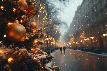 Wall Mural - Decorated Christmas tree with glowing lights on a snowy city street