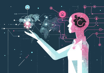 Poster - AI Human Collaboration Concept Vector Illustration Depicting Artificial Intelligence Assisting People Towards Global Connectivity and Technological Advancement in a Futuristic Setting