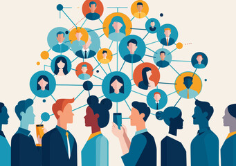 Poster - Social Network Connection Concept with People Sharing and Communicating in Modern Minimalistic Vector Illustration