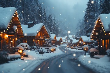 Wall Mural - Festive houses adorned with twinkling lights, nestled in a snowy winter wonderland.