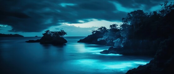 Wall Mural - Silhouetted Trees on a Rocky Coastline with a Glowing Ocean at Night