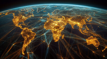 Poster - A world map shows countries and cities linked by lines. These lines represent how people, goods, and ideas move around the globe. They show how we communicate, trade, and connect with each other.