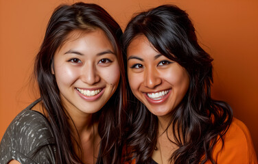 Two smiling young women posing together against an orange background