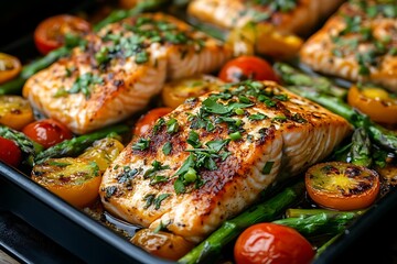 Sticker - Photo: Roasted Salmon with Asparagus and Tomatoes - A Flavorful and Healthy Meal