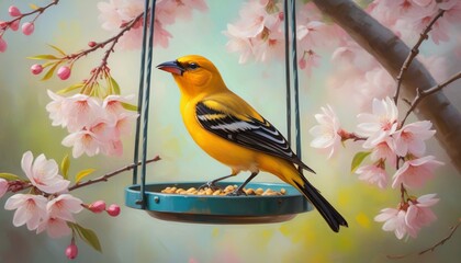 Wall Mural - Small redbreast robin perched on a blue branch, singing a song in a winter garden