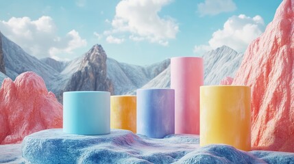 Canvas Print - A mountain range with pink and yellow rocks and a blue sky