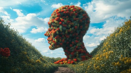 Poster - A head made of flowers and leaves is growing in a field