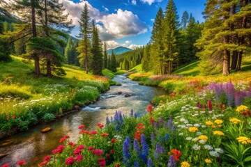 Stunning Natural Scenery Capturing A Vibrant Forest With Lush Greenery, Blooming Wildflowers, And A Tranquil Stream Meandering Through The Landscape.