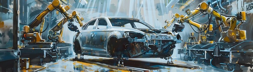 Poster - A futuristic car assembly line showcasing advanced robotic technology and precision engineering in a dynamic automotive factory.