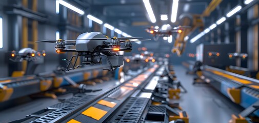 Poster - A futuristic factory scene showcasing drones in a high-tech production line with advanced automation and bright lighting.