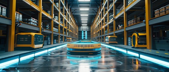 Poster - A modern warehouse interior with automated systems, bright lights, and organized storage, showcasing efficiency and innovation.