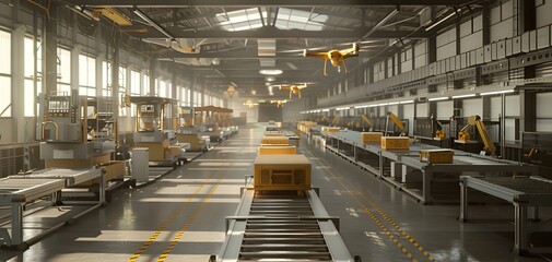 Poster - A modern warehouse interior showcasing advanced automation with robotic arms and conveyor belts in action.