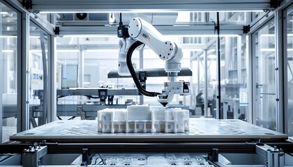 Poster - A robotic arm in a modern production facility, efficiently handling containers on an automated assembly line.