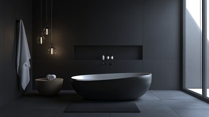 Wall Mural - A sleek and modern bathroom in black with minimalist design. The 3D rendering highlights the clean lines and simple shapes. 