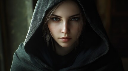 Beautiful young girl model assassin in medieval clothes with hood wallpaper AI generated image