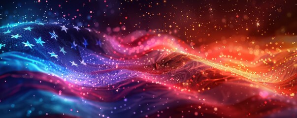Wall Mural - Waving American flag with a digital, futuristic effect, representing national pride and modern technology. Free copy space for banner.