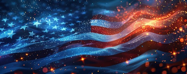 Wall Mural - Waving American flag with a digital, futuristic effect, representing national pride and modern technology. Free copy space for banner.