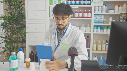 Poster - A young bearded man in lab coat using a tablet in a modern pharmacy interior.