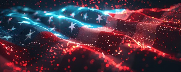 Wall Mural - Waving American flag with a digital, futuristic effect, representing national pride and modern technology. Free copy space for banner.