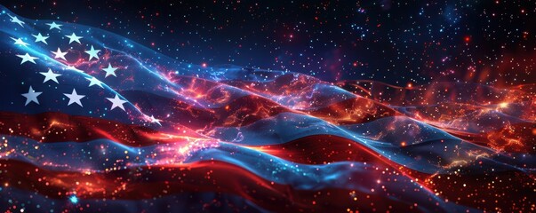 Wall Mural - Waving American flag with a digital, futuristic effect, representing national pride and modern technology. Free copy space for banner.
