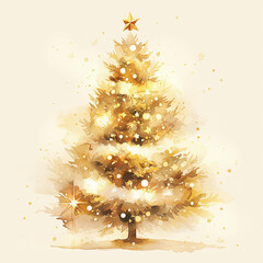 Wall Mural - A gold tree with a star on top, surrounded by a white background. The tree is decorated with lights, giving it a festive and joyful appearance