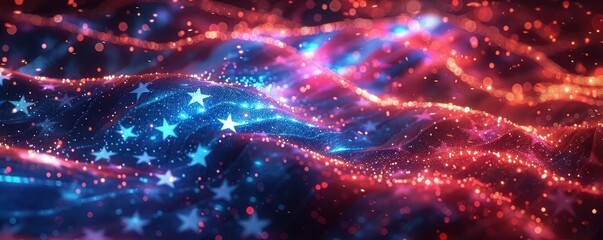 Wall Mural - Waving American flag with a digital, futuristic effect, representing national pride and modern technology. Free copy space for banner.