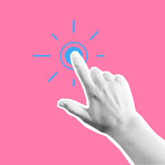 Poster - click halftone hand collage. pointing hand. fingers touch, click or tap.