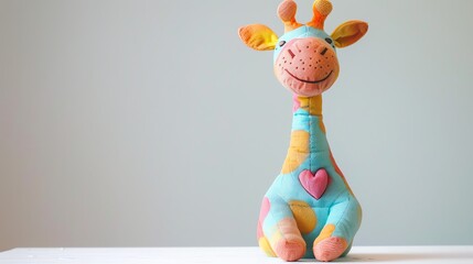 Wall Mural - A colorful stuffed giraffe toy sits on a white surface.