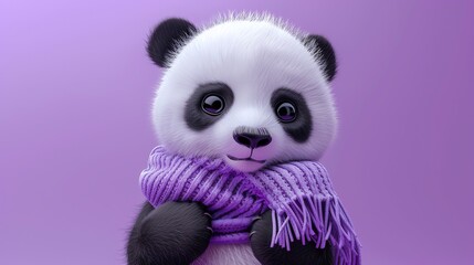 Wall Mural - A cute cartoon panda wearing a purple scarf.