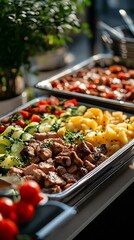 Wall Mural - Delicious Catering Food Photo - Grilled Meat, Potatoes, and Vegetables