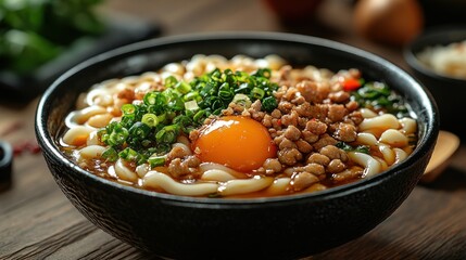 A bowl of soup with a fried egg on top