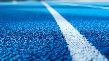 Bright blue running track, vivid teal surface, crisp white line, close-up perspective, textured rubber flooring, sports facility, athletic field, macro detail, shallow depth of field.