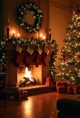 Canvas Print - Cozy living room with a roaring fireplace, stockings hung, Christmas tree aglow, peaceful and inviting holiday atmosphere