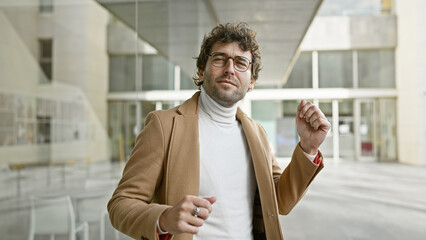 Wall Mural - A young hispanic man with a beard dances in an urban street setting, portraying a casual and stylish vibe.