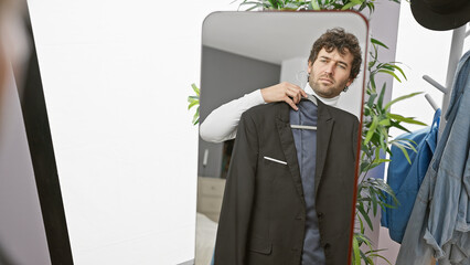 A young hispanic man tries on a suit in an indoor wardrobe room, reflecting a sense of style and elegance.