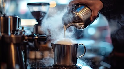 Poster - A barista pours steaming milk into a cup, creating a frothy texture for coffee.