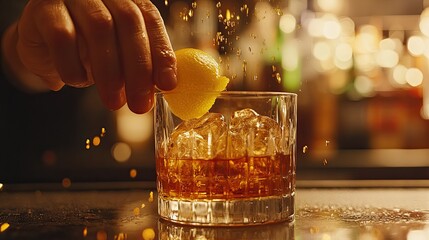 Wall Mural - A bartender squeezing lemon over a glass of whiskey with ice, creating a refreshing drink.