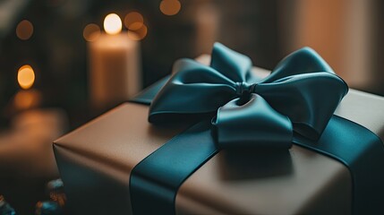 Sticker - A beautifully wrapped gift with a dark blue ribbon, set against a softly lit background.