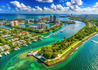 Wall Mural - Vibrant Aerial View Of Haulover Inlet In Florida, Showcasing The Sparkling Ocean, Lush Greenery, And Residential Areas.