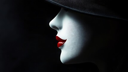 Wall Mural - A woman's face in profile, with white makeup, red lips, and a black hat.