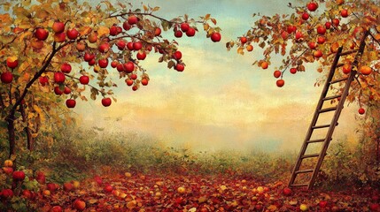 Wall Mural - A picturesque apple orchard scene at sunrise, where the golden light of morning bathes the landscape in warmth. The apple trees are full of ripe, red apples, their branches reaching out to touch the