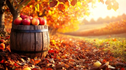 Wall Mural - A serene apple-picking scene in a sunlit orchard, where the golden light of late afternoon highlights the rich colors of the season. Rows of apple trees, their branches heavy with fruit, stretch into