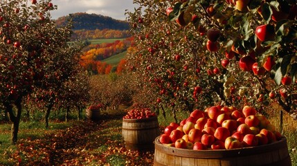 Wall Mural - A serene apple-picking scene in a sunlit orchard, where the golden light of late afternoon highlights the rich colors of the season. Rows of apple trees, their branches heavy with fruit, stretch into