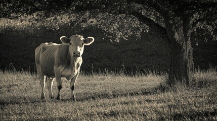 Wall Mural - Lone cow standing near a tree, with deep shadows and sharp contrasts highlighting the simplicity of the rural landscape.