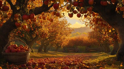 Wall Mural - A tranquil apple orchard scene in the late afternoon, where the golden light of the setting sun casts a warm glow over the landscape. The apple trees are full of ripe, red apples, their branches