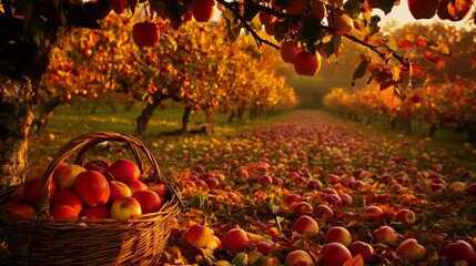 Sticker - A vibrant apple orchard scene at sunrise, where the golden light of morning bathes the landscape in warmth. The apple trees are laden with fruit, their branches bending under the weight of ripe, red