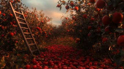 Wall Mural - A vibrant apple orchard scene in the early morning, where the soft light of dawn bathes the landscape in a gentle glow. The apple trees are full of ripe, red apples, their branches arching gracefully