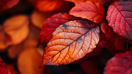 Wall Mural - close-up of red and orange autumn leaves with visible leaf texture. nature photography for fall seas