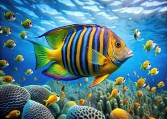 Wall Mural - Vibrant banded angelfish swims near coral reef, its iridescent blue and yellow stripes shimmering in sunlight, amidst schools of smaller fish in calm turquoise waters.