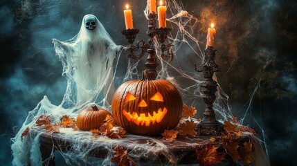 A spooky Halloween scene with a glowing jack-o'-lantern surrounded by candles, cobwebs, autumn leaves, and a ghost hovering in the background, creating an eerie atmosphere.